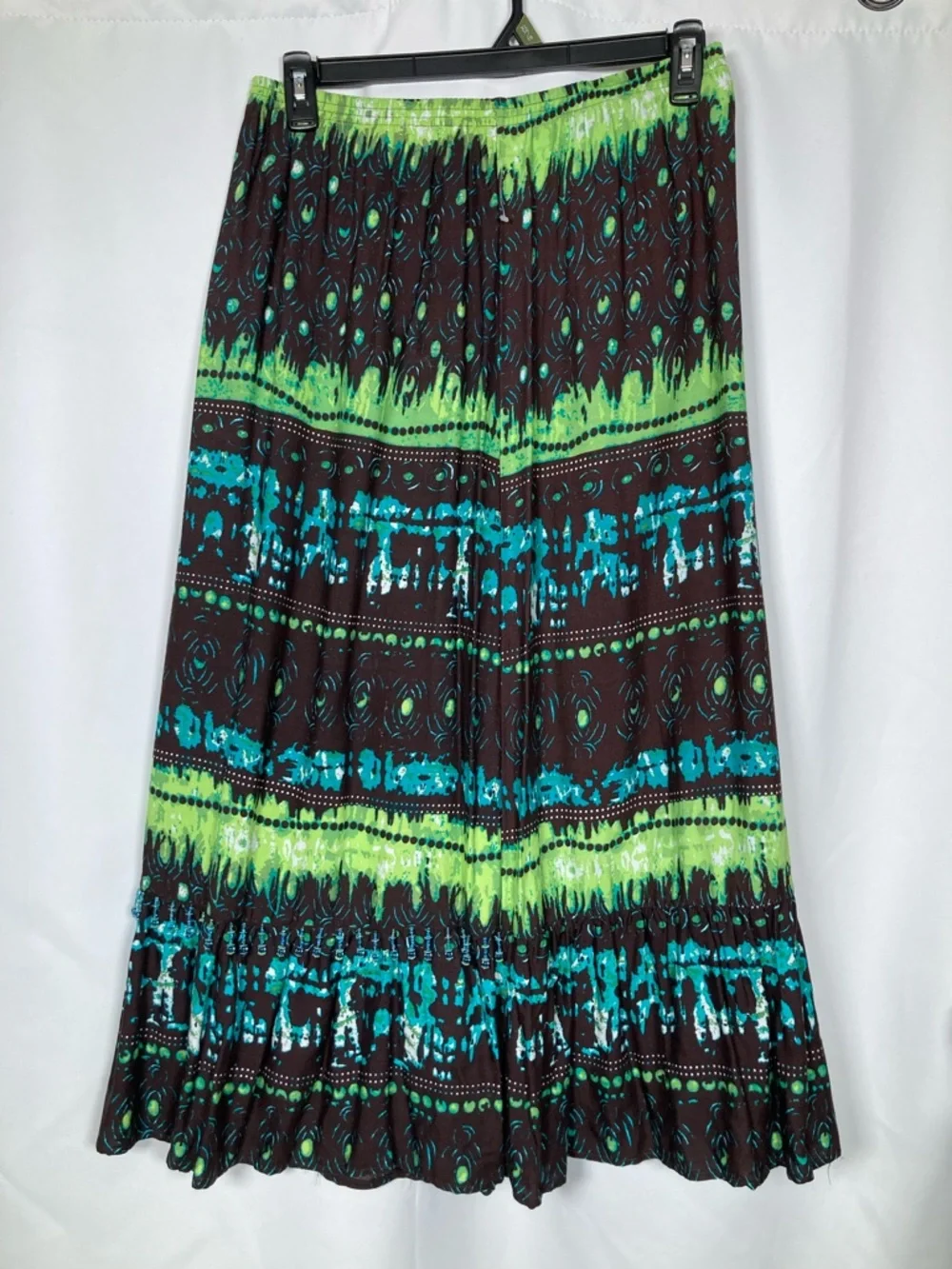 Kim Rogers Boho Paisley Rayon Maxi Skirt Green Brown Blue Size M Beaded Fringe